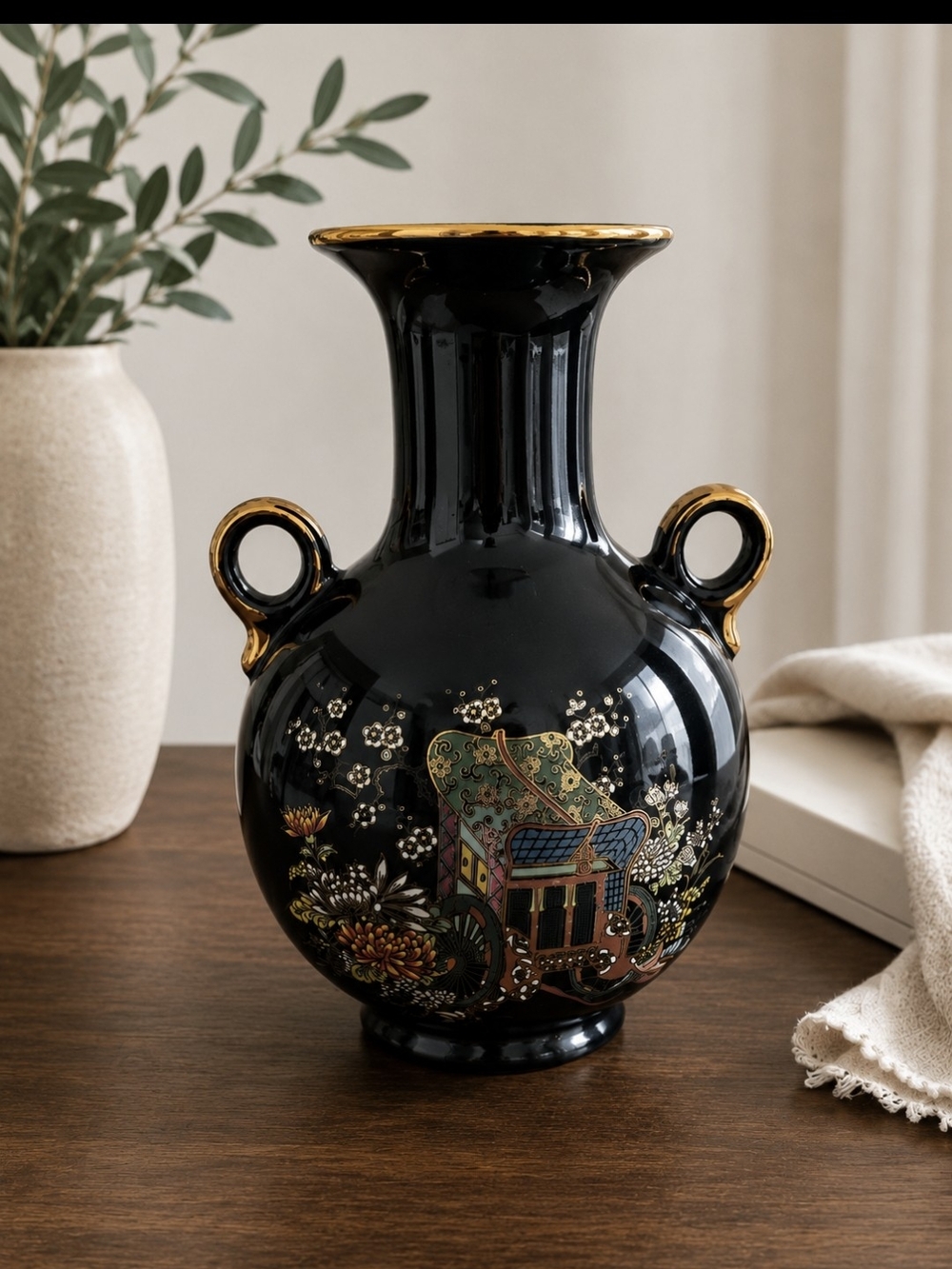 10 Inch - Vintage Fine Cobalt Blue Decorative Vase with Gold Trim & Handles